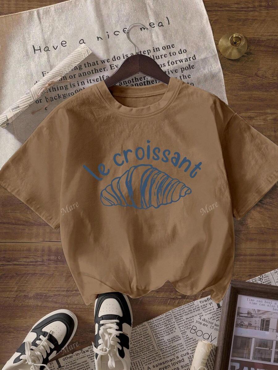 Maglietta casual da donna a girocollo con maniche corte e stampa a cornetto