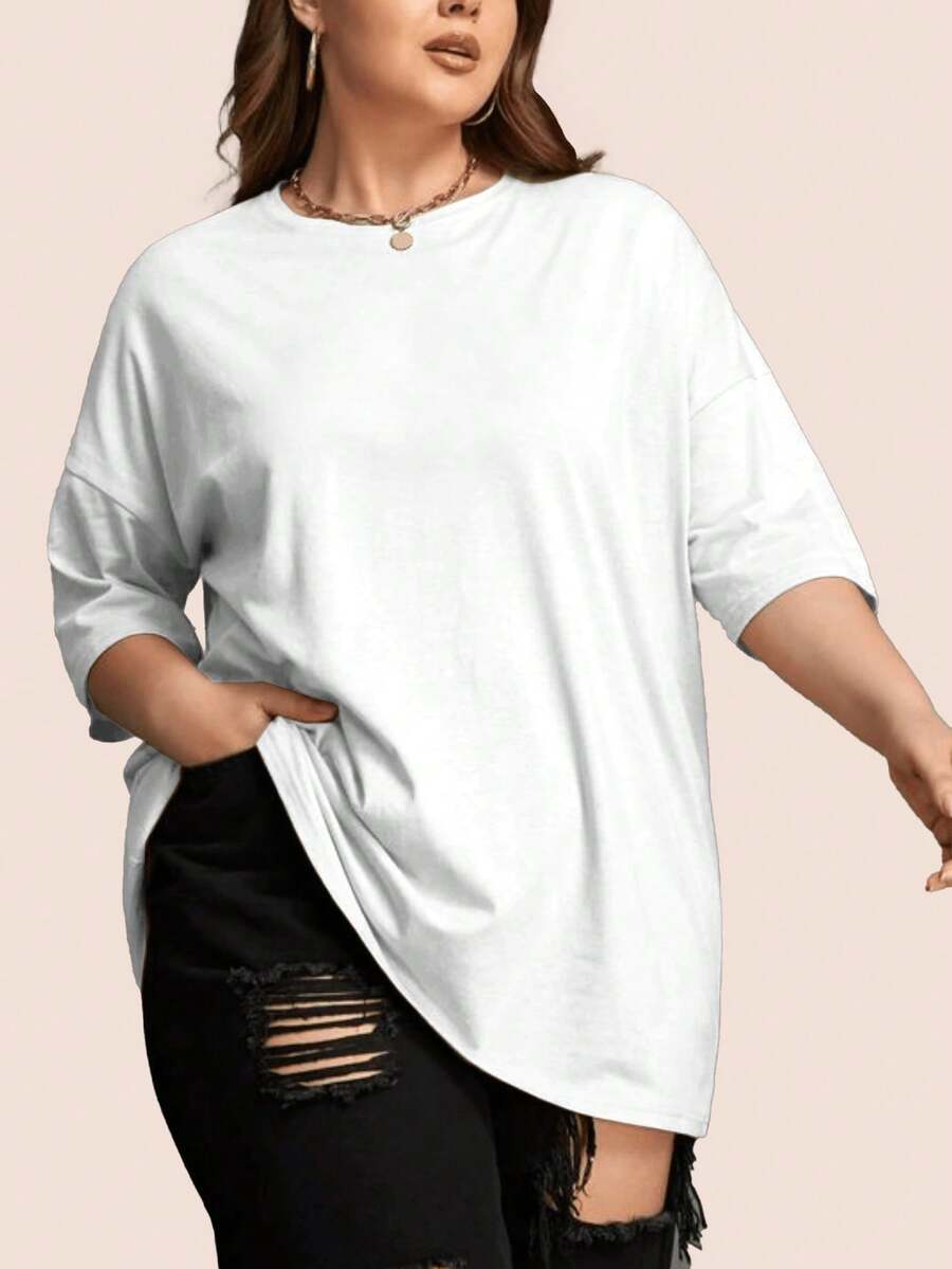 Women's Plus Size Plain Round Neck T-Shirt Fashion  Oversized - trắng - Xem 1