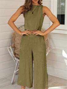 2pcs/Set Women Solid Color Simple Casual Camisole Top And Pants Set