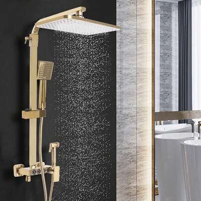 SHIOUCY Modern Gold Duschsystem mit Thermostat Regendusche Handbrause Duschkopf Wandmontage Duschkopf Handbrause Dusch Satz Einstellbar