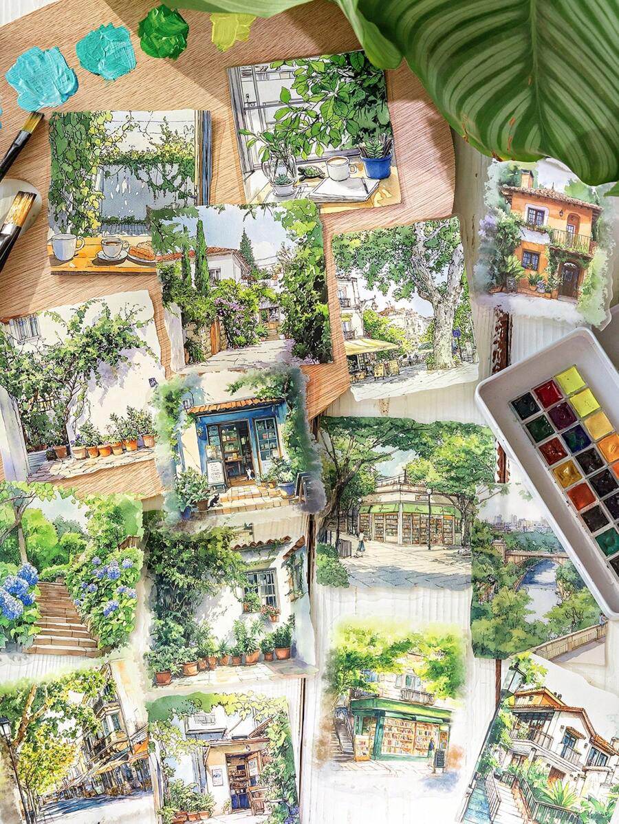 MOCARD 15pcs/Pack Large Size Watercolor Landscape Stickers, Creative Art Stickers, DIY Decorative Collage Craft Materials, Holiday Gifts, Personalized Scrapbooking School Supplies School Supplies,Back To School