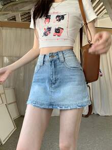 Summer Casual Washed Distressed A-Line Denim Shorts Skirt - Blue - View 2