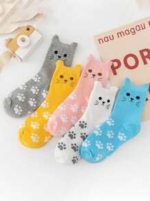 5 Pares (Cores/Padrões Aleatórios) Meias de Bezerro para Mulheres no Estilo Countryside com Desenho de Gato, Coelho Azul e Flor, Fofas e Confortáveis, Novos Estilos