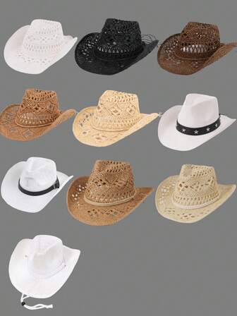 1pc Women Hand-Woven Solid Color Hollow Flower Pattern Tie Bow Beach Sun Hat, Brimmed, Aluminum Wire Shaping, Suitable For Outdoor, Vacation, Fashion, Western Cowboy Hat, Large Size, For Daily Use