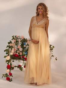 Joyfunear Maternity Sequin Contrast Mesh High Waist Sleeveless Maxi Dress - Gold - View 6