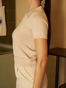 Andrea Bello Women Business Casual Polo Collar Short Sleeve Knit Top - Beige - View 8
