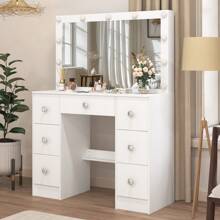 Vanity Dressing Table Desk Set With LED Lighted Mirror 7 Drawers Crystal Handle  Vanity Dressing Table Desk Set