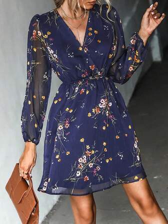 Stylish Women's Short V Neck A Line Dress Featuring Long Sleeves And A Beautiful Floral Wrap Detail In Lightweight Woven Fabric