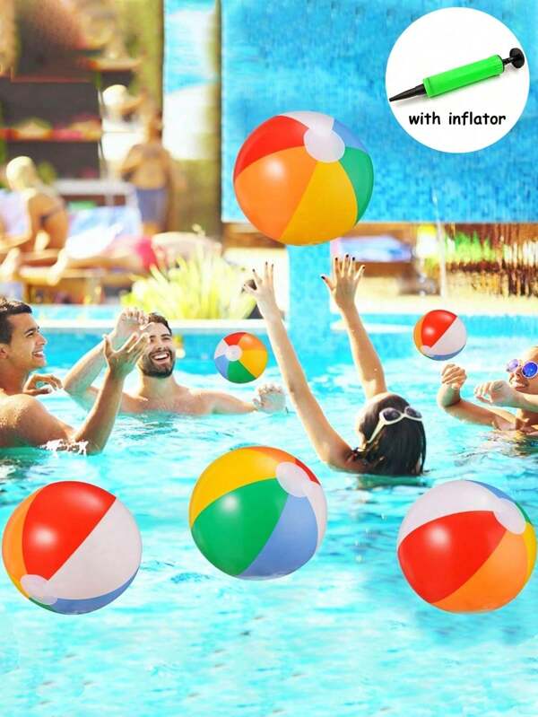5pcs Rainbow Beach Balls With 2pcs Inflator,Inflatable Swimming Pool Toys For Summer Water Games Birthday Party Supplies Combo Set