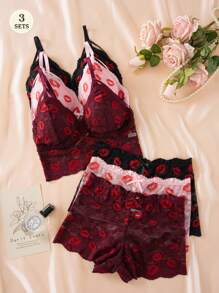 Set de 3 piezas Ropa interior de mujer con encaje francés romántico y sexy, que incluye sujetador sin aros con espalda descubierta y camiseta