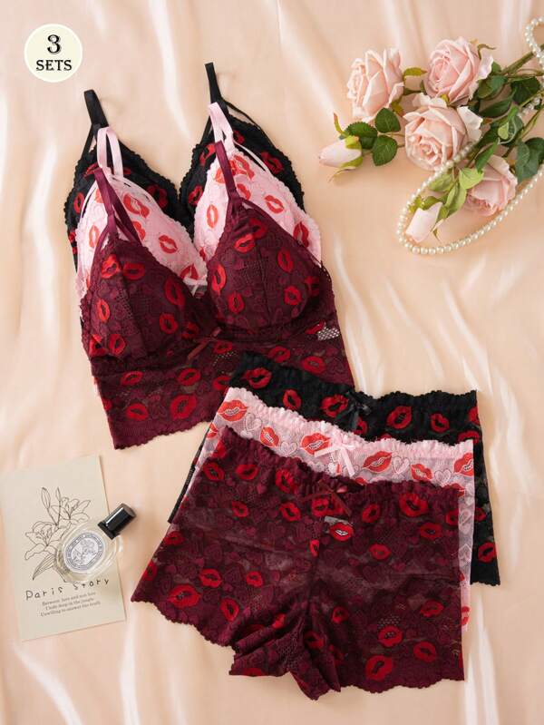 Set de 3 piezas Ropa interior de mujer con encaje francés romántico y sexy, que incluye sujetador sin aros con espalda descubierta y camiseta
