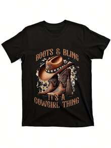 Boots & Bling  It's A Cowgirl Thing  Graphic T-Shirt - Western Cowboy Boots & Hat Design - Heavyweight 220GSM Cotton Tee - Black Shirt With Orange Lettering - Unisex Country Western Theme Apparel For _ - Black - View 1