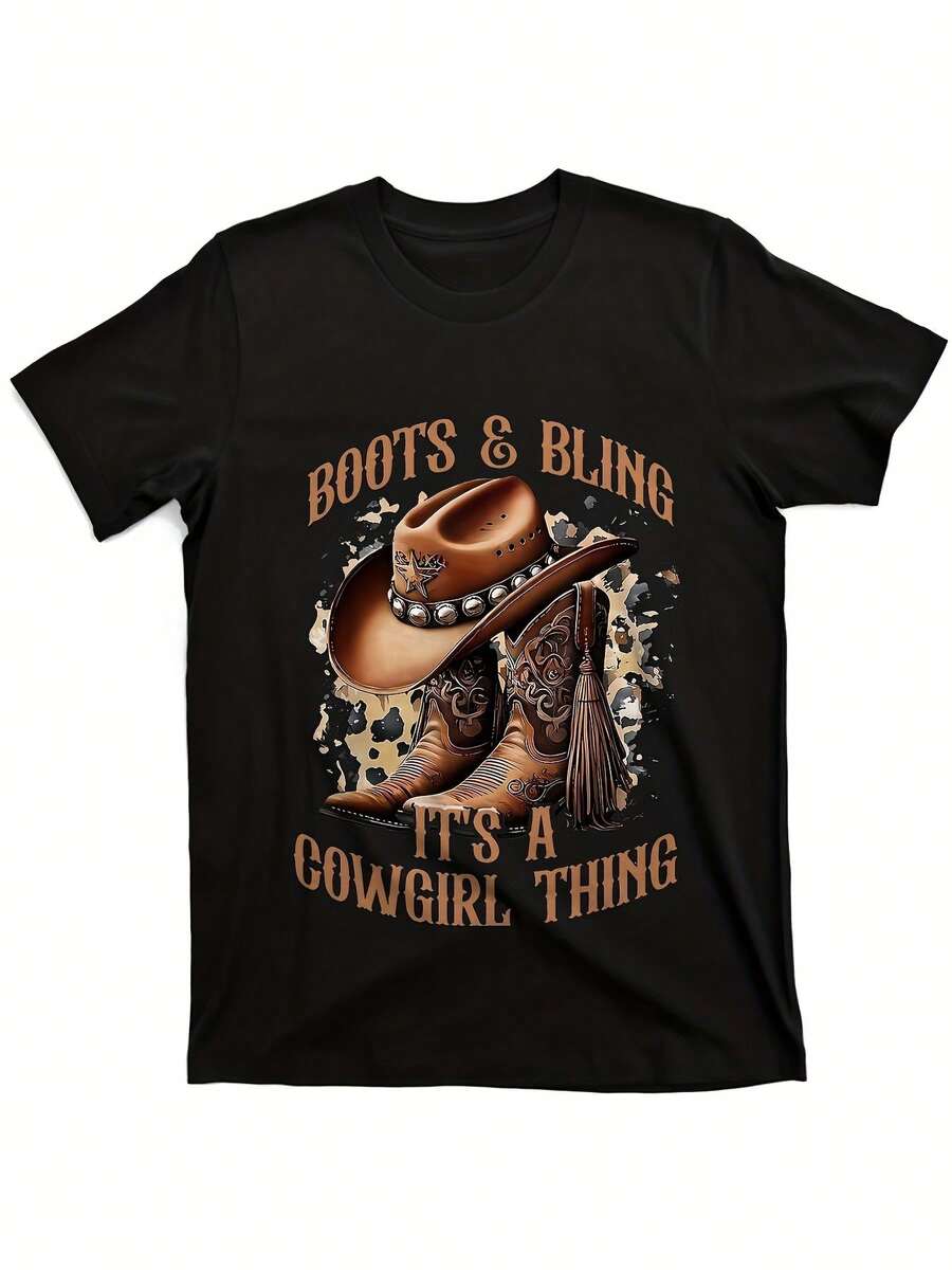 Boots & Bling  It's A Cowgirl Thing  Graphic T-Shirt - Western Cowboy Boots & Hat Design - Heavyweight 220GSM Cotton Tee - Black Shirt With Orange Lettering - Unisex Country Western Theme Apparel For _ - Black - View 1