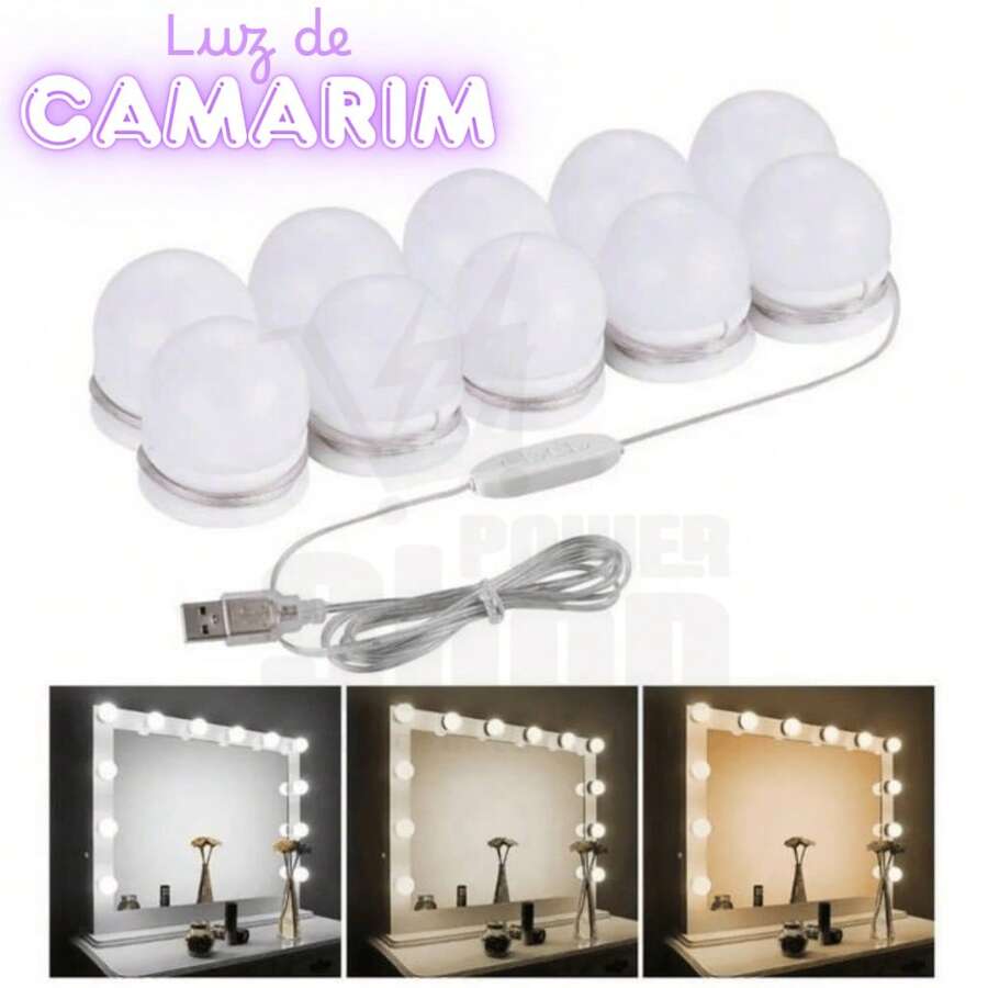Luz de Espelho lâmpada de camarim maquiagem com 10 PEÇAS Led Para Penteadeira 3 Cores Reguláveis - Multicolorido - Visão 1