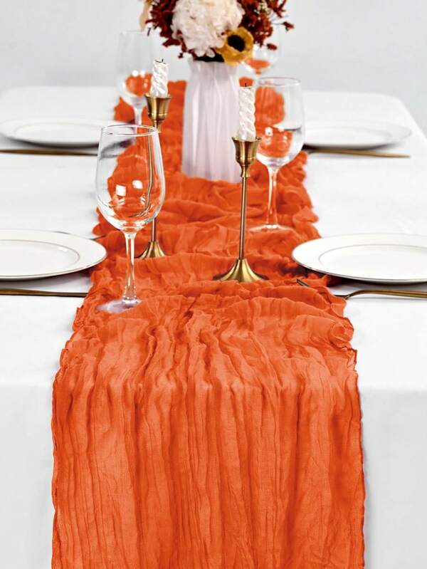 1pc Orange Twisted Table Runner, Cheesecloth Bohemian Gauze Tablecloth, Romantic Sheer Fabric Table Cloth, Suitable For Weddings, Parties, Bridal Shower Gifts