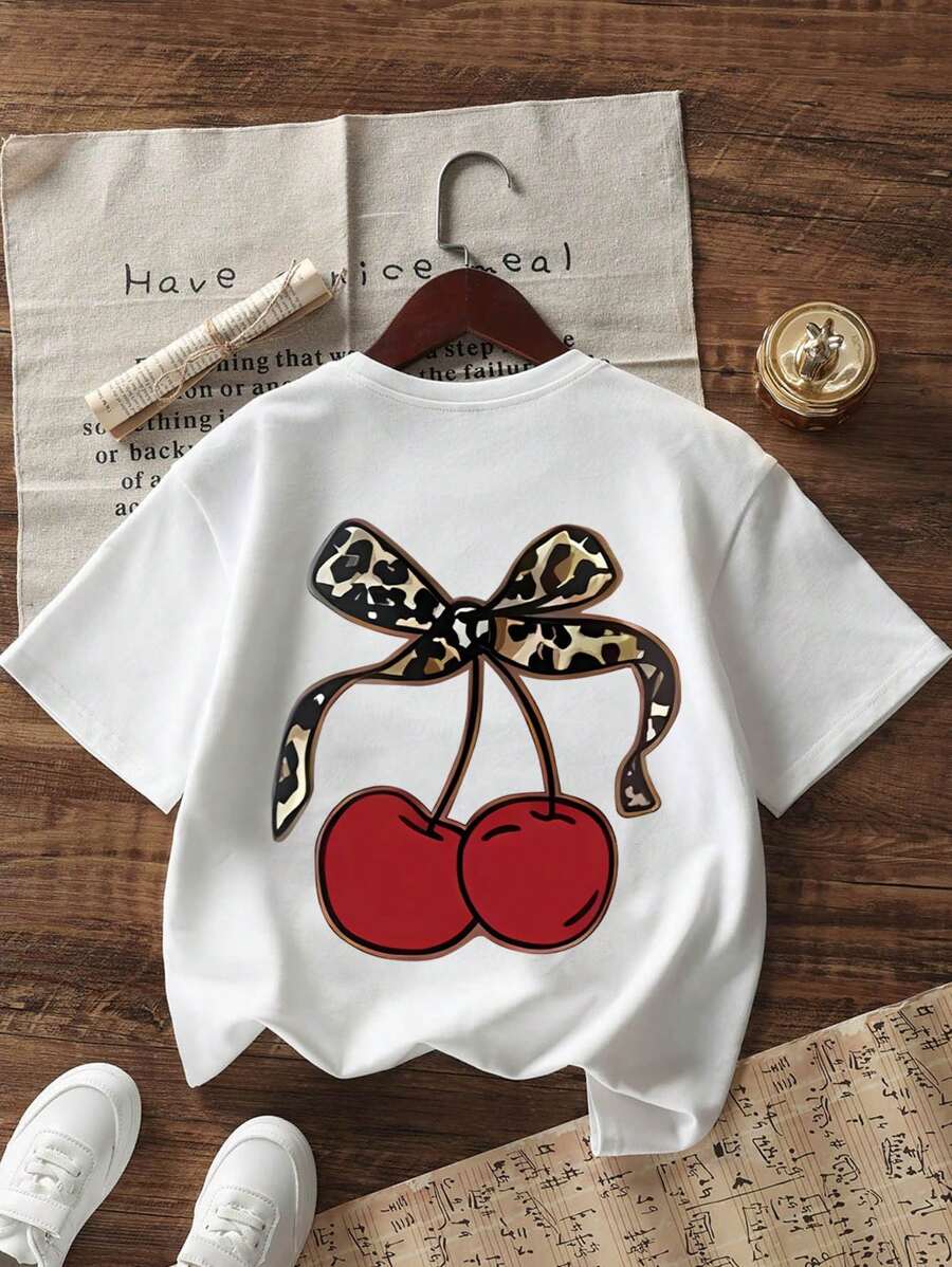 Camiseta de Manga Curta com Gola Careca e Estampa de Cereja Fofa para Meninas Pré-Adolescentes, Top de Verão