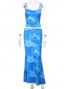 Spring/Summer Floral Print Fitted Camisole And Mini Skirt Set, Suitable For Parties And Cocktail Events - Blue - View 5