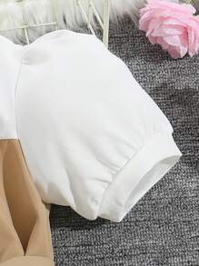 Set casual pentru fete, 2 piese, top cu guler cu nasturi, mânecă scurtă, color block, și pantaloni evazați minimalisti, ținută de primăvară/vară, potrivită pentru exterior, ținute casual, cadouri, petreceri, școală, întoarcerea la școală