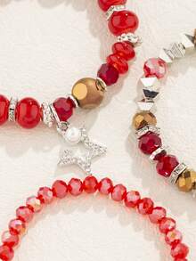 3pcs/Set Women's Bohemian Style Crystal Beaded Silver-Color Alloy Block Bracelet Set - Red - View 4