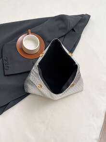 Bolso de mano de color sólido a la moda, de material PU, gran capacidad, con cierre magnético y solapa, bolso cuadrado con patrón de cocodrilo para mujer. - Plateado - Ver 4