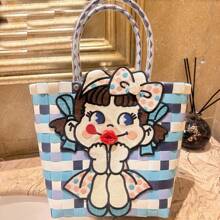 Sac à main tressé avec lèvres rouges mignonnes, sac de transport adorable, sac de rangement doux, sac d'été coloré, sac de fille à nœud, sac à main de style lolita, sac de déguisement, sac fourre-tout de style britannique, sac à main de fête sucré