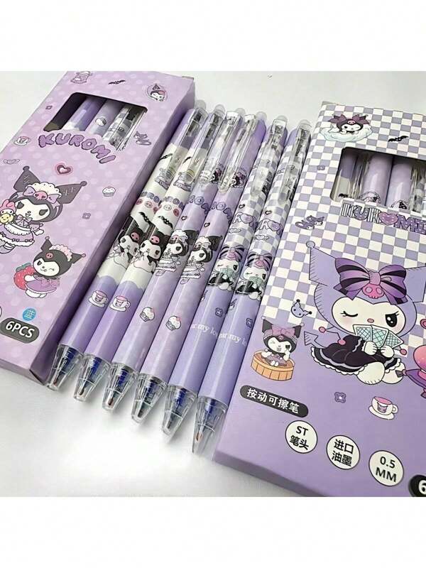 Sanrio 12pcs/6pcs/Set Sanrio Clicker Erasable Pens, Cute Kuromi Design For Students, 0.5mm Black & Blue Refills, Great Back To School Gifts