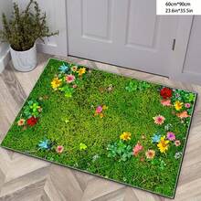 1 Pc Crystal Velvet Rug With Lawn Flower Pattern, Suitable For Outdoor Patio, Deck, Balcony, And RV - Green - View 4