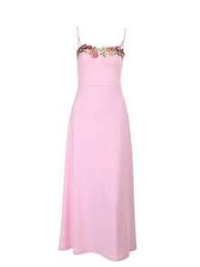 Women's Winter Dress, Pink Spaghetti Strap Embroidered Lace A-Line Dress, Suitable For Valentine's Day, Dates, Gatherings, Parties, Travel, Vacation, Beach And Other Occasions - Pink - View 3