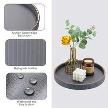 Gold-Edged PU Leather Round Storage Tray With Vertical Stripes, For Holding Small Items/Cosmetics. Luxury Aesthetics, 3 Colors Interpret The Exquisite Life, Room Decor - Multicolor - View 8