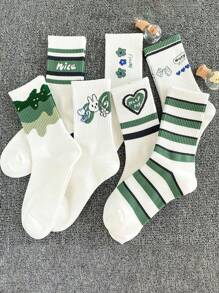 5 Pares (Estilos Aleatórios) Meias de Média Cano Versáteis para Todas as Estações para Mulheres, Azul/Verde, Estilo Streetwear Chique, Estilo Tulipa Grafite Fofo Estilo Universitário