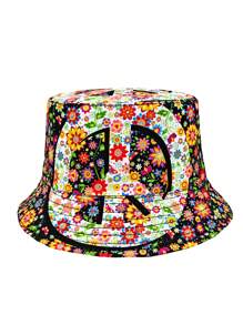 Cappello da secchio casual reversibile con stampa grafica Peace & Love, cappello da sole visiera unisex adatto per vacanze e viaggi