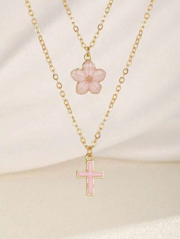 2pcs/Set Beautiful Sweet Five-Petal Flower & Cross Pendant Necklace Women Summer Beach Clavicle Chain Necklaces For Travel Vacation Dates Festival Jewelry Accessory For Daily Life