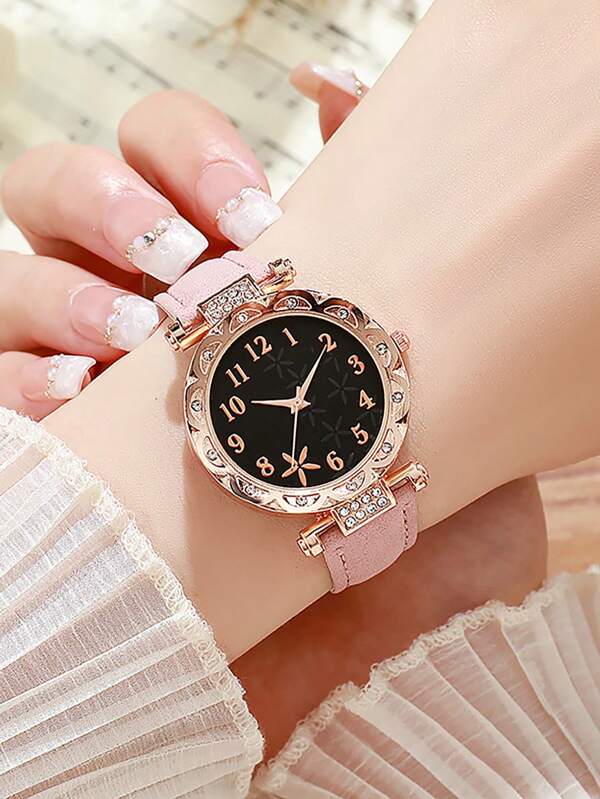 1 peça-Moda Girassol Dial Relógio Rose Gold Relógio Feminino Quartz Pulseira de Couro Temperamento Strass