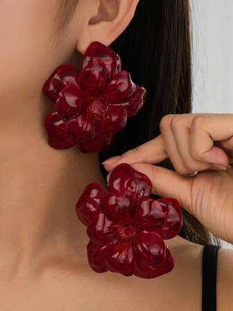 1 对复古欧洲花卉不对称亮面耳钉，适合女士，节日派对礼物