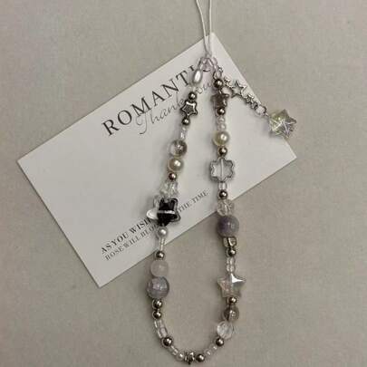 别致的串珠手机挂绳，星星和珍珠装饰，亚克力串珠饰物，手机、相机、耳机的多功能配件，时尚个性化手持装饰