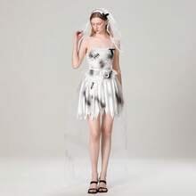 Women Corpse Bride Costume, Scary Bride Costume, Zombie Bride Dress With Headband And Mesh Trailing, Halloween Costumes - White - View 1