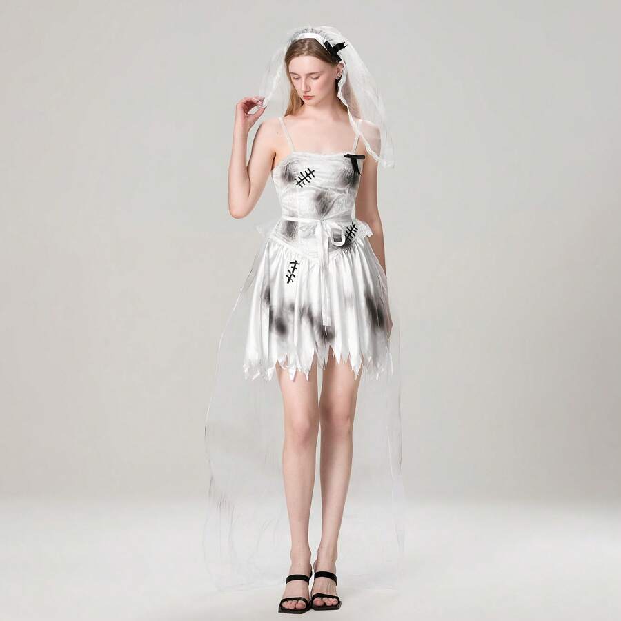 Women Corpse Bride Costume, Scary Bride Costume, Zombie Bride Dress With Headband And Mesh Trailing, Halloween Costumes - White - View 1