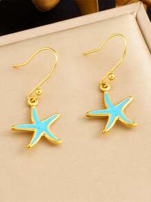 1 Set süße Cartoon Tropfenöl blau Seestern Anhänger Muschel Edelstahl Kette Schmuckset Ohrringe Halskette