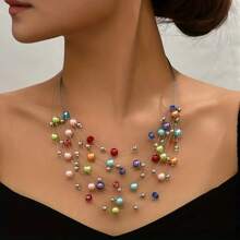 1 pieza Collar de perlas falsas multicapa, collar de cuentas hecho a mano estilo bohemio, adecuado para uso diario de mujer, accesorio de ropa, regalo (arreglo de cuentas de colores aleatorios)