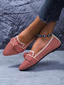 针织女士刺绣蝴蝶结平底鞋，透气针织平底鞋，优雅尖头正装鞋，条纹拼色一脚蹬休闲鞋 - 紅色 - 查看 8