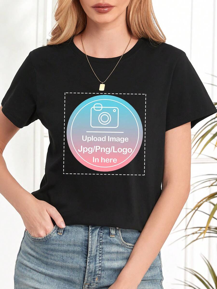 Customized Women Short Sleeve T-Shirt, Personalized Graphics Printing, Upload Your Photo/Logo/Poster/Family Photo/Company Team Photo, Women T-Shirt For Spring/Summer, Valentine's Day Gift, Anniversary Gift, Music Festival, Wedding/Party, Custom Culture Shirt, Festival Gift, Team Uniform Custom, Summer Top, Charity Team Uniform Custom - Black - View 1