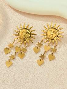 1 par de pendientes tipo botón con formas de corazón, estrella de mar, sol, floral y geométricas en tono dorado de acero inoxidable, adecuados para uso diario, playa, fiesta y vacaciones, gran regalo para amigos