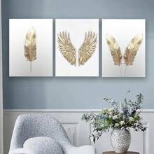 3 Stücke goldene Federn Engelsflügel moderne Poster Wandkunst, Bilder, Leinwandmalerei, ideal als Geschenk für Raumdekoration Wohnheim, Badezimmerdekoration, ohne Rahmen 50x70cm