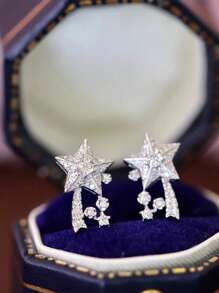 2pcs S925 Sterling Silver Fashionable All-Match Elegant Cubic Zirconia Star-Shaped Earrings, Suitable For Women's Daily Wear, Gifts, Festivals, Parties, Jewelry