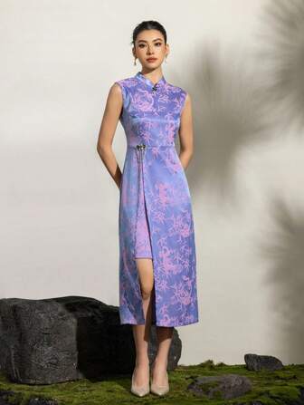 优雅女士中式立领旗袍：无袖奢华旗袍，高开衩，饰有花卉图案 - 正式宴会、晚宴、婚宴、文化节、慈善舞会