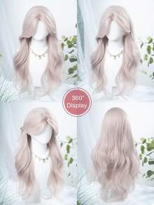 额头蕾丝 4*1，1 片合成耐热卷发，带刘海粉色假发，长度 30 英寸，日常编织自然逼真（不含配件） - 粉色 - 查看 7