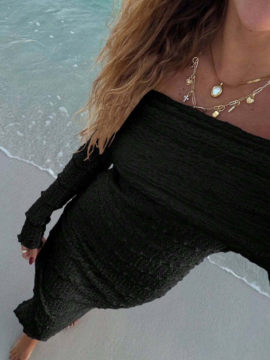 露肩长袖修身性感极简连衣裙 黑色 春季 - 黑色 - 查看 1