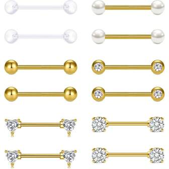AVYRING 6 paar roestvrijstalen tepelpiercings - 14G 16 mm rechte staaf met hart en ronde zirkonia, tongpiercing sieraden voor vrouwen en mannen