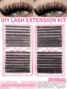 640 DIY D-Curler Eyelash Book, Super Curler Eyelash Extension Set, Multi-Style Eye Makeup Suitable For Beginners, 10-16mm Mixed Length, Natural, Cluster, Fluffy, Dense, Mixed Style, Self-Adhesive, Reusable