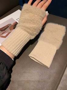 1 Pair Women's Solid Color Warm Fingerless White Gloves, Knit Wrist Warmers, For Fall/Winter, Versatile For Office, School, Writing